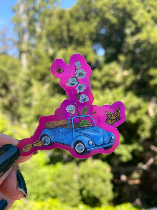 "El Carrito Azul"  Pink Holographic Sticker